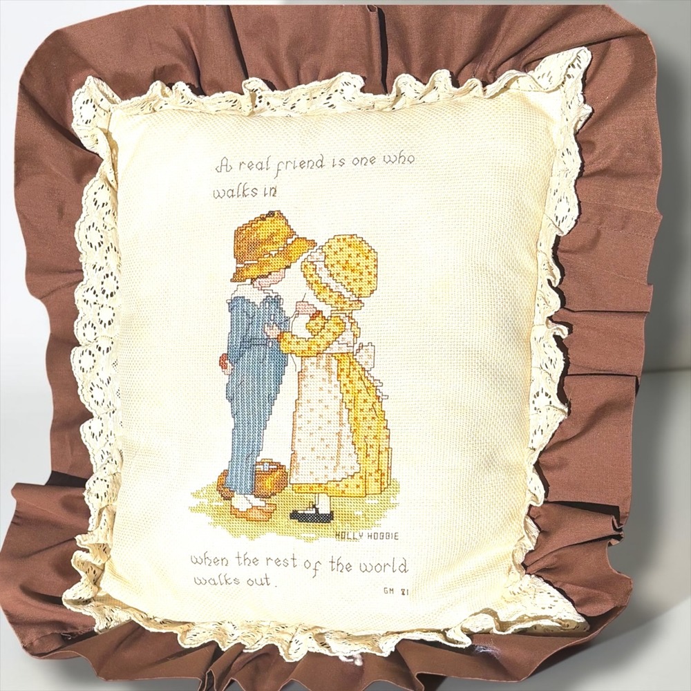 Vintage Holly Hobbie Cross Stitch Pillow Ruffle Lace Friendship 1981 Brown Cream